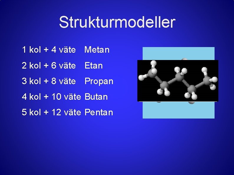 Strukturmodeller 1 kol + 4 väte Metan 2 kol + 6 väte Etan 3