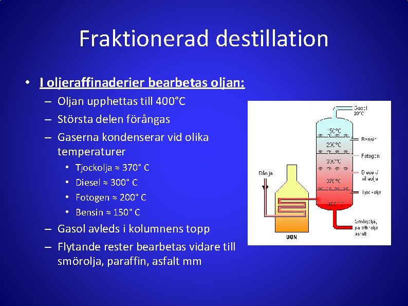 Fraktionerad destillation • I oljeraffinaderier bearbetas oljan: – Oljan upphettas till 400°C – Största