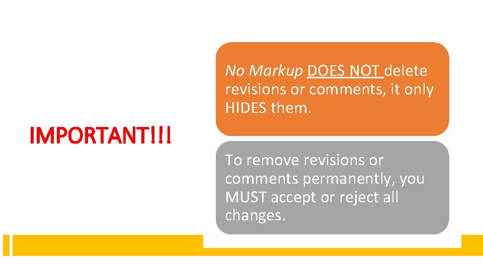 No Markup DOES NOT delete revisions or comments, it only HIDES them. IMPORTANT!!! To