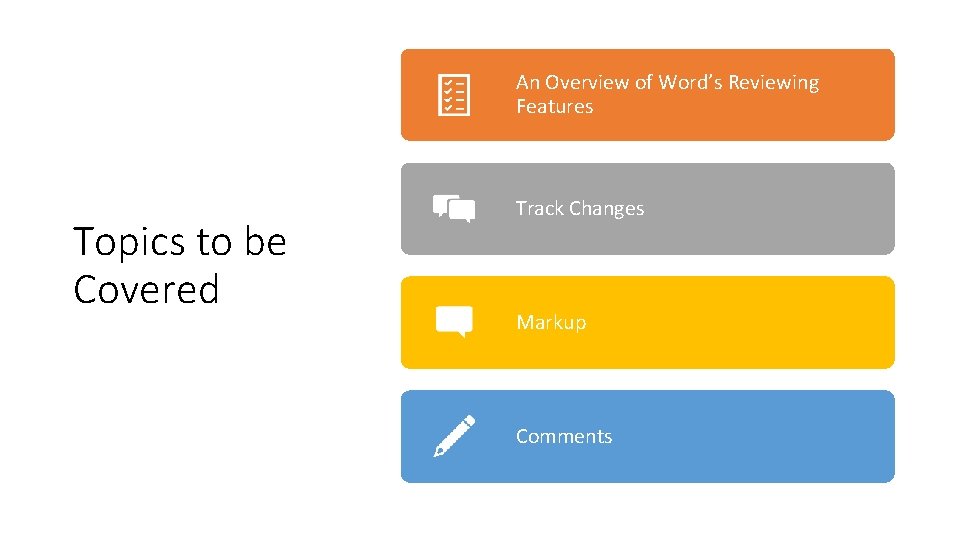 An Overview of Word’s Reviewing Features Topics to be Covered Track Changes Markup Comments