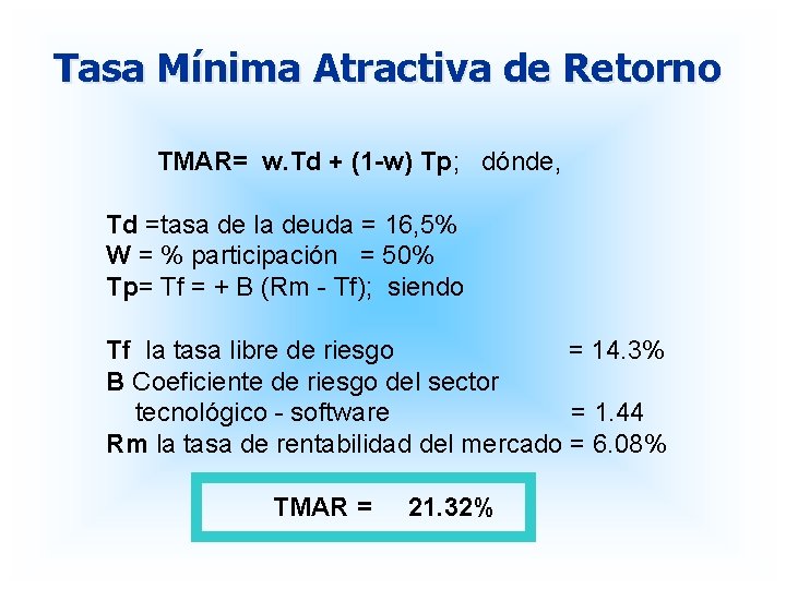 Tasa Mínima Atractiva de Retorno TMAR= w. Td + (1 -w) Tp; dónde, Td