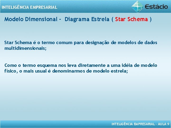 INTELIGÊNCIA EMPRESARIAL Modelo Dimensional - Diagrama Estrela ( Star Schema ) Star Schema é