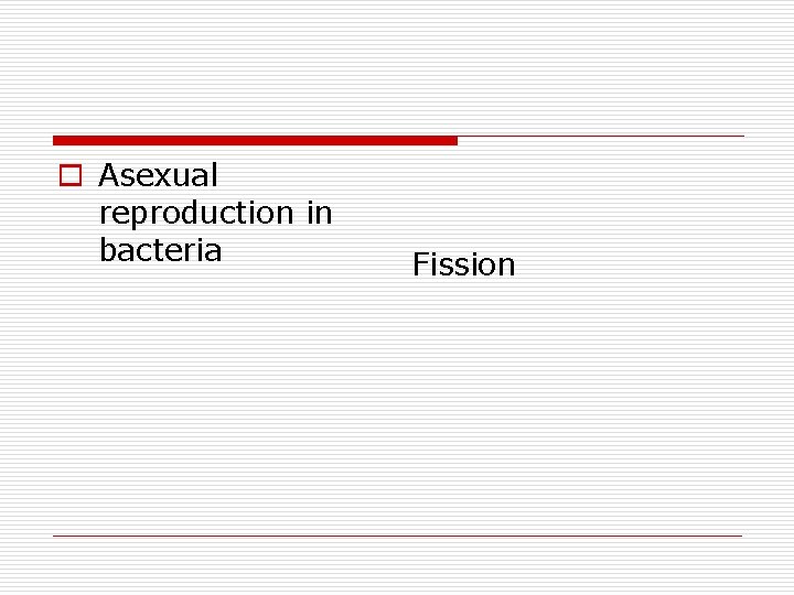 o Asexual reproduction in bacteria Fission 