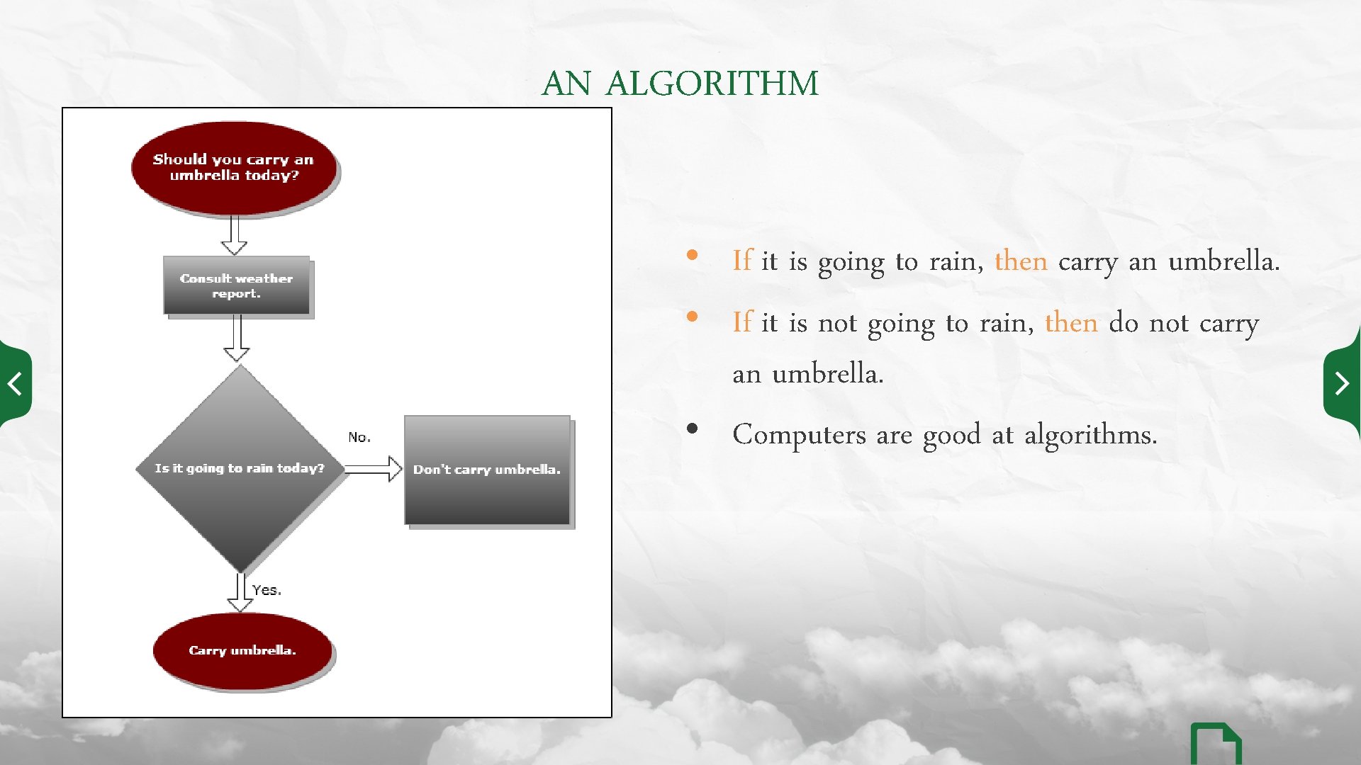 AN ALGORITHM • If it is going to rain, then carry an umbrella. •