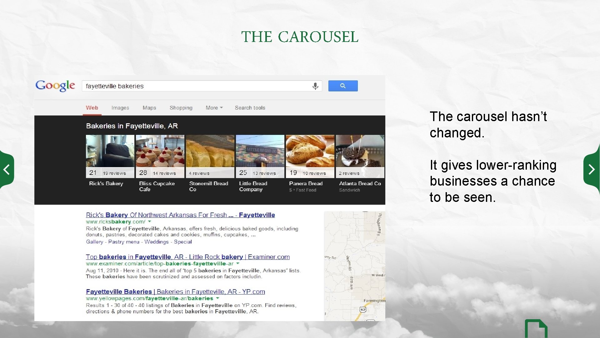 THE CAROUSEL The carousel hasn’t changed. It gives lower-ranking businesses a chance to be