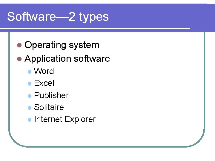Software— 2 types l Operating system l Application software Word l Excel l Publisher
