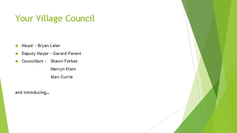 Your Village Council Mayor - Bryan Leier Deputy Mayor – Gerard Parent Councillors -