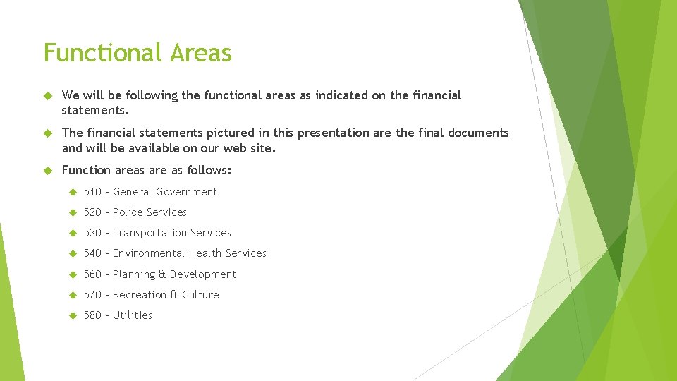 Functional Areas We will be following the functional areas as indicated on the financial