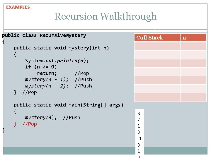 EXAMPLES Recursion Walkthrough public class Recursive. Mystery { public static void mystery(int n) { EXAMPLES Recursion Walkthrough public class Recursive. Mystery { public static void mystery(int n) {