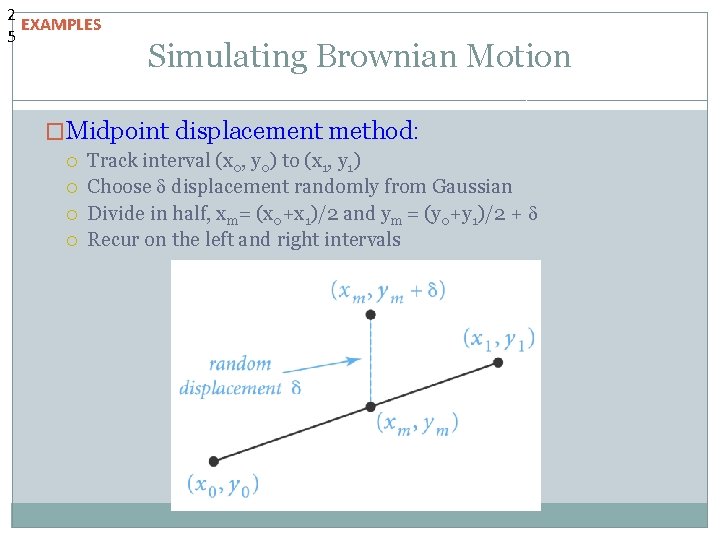 2 EXAMPLES 5 Simulating Brownian Motion �Midpoint displacement method: Track interval (x 0, y 2 EXAMPLES 5 Simulating Brownian Motion �Midpoint displacement method: Track interval (x 0, y