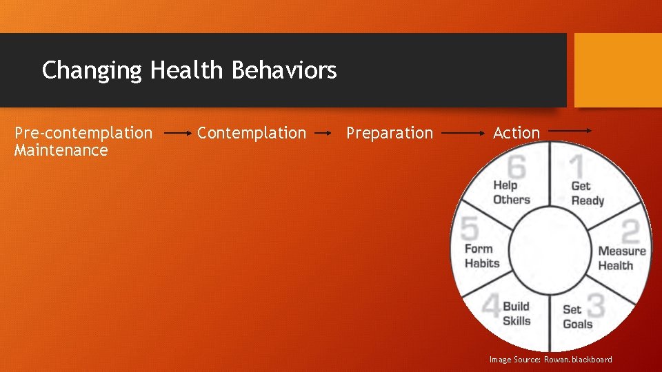Changing Health Behaviors Pre-contemplation Maintenance Contemplation Preparation Action Image Source: Rowan. blackboard 