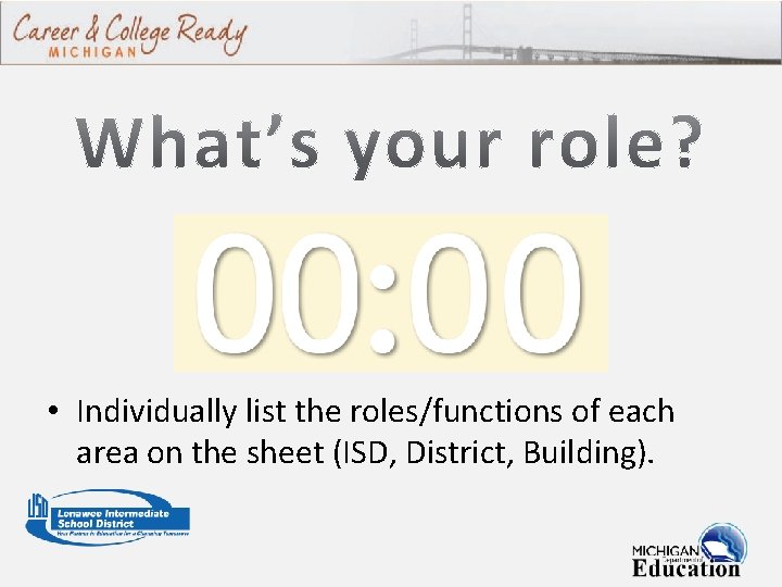  • Individually list the roles/functions of each area on the sheet (ISD, District,