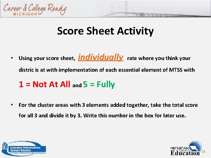 Score Sheet Activity • Using your score sheet, individually rate where you think your