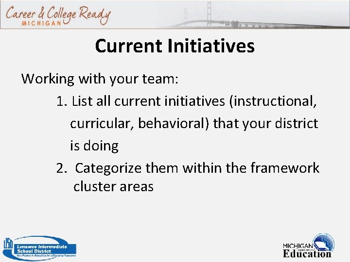 Current Initiatives Working with your team: 1. List all current initiatives (instructional, curricular, behavioral)