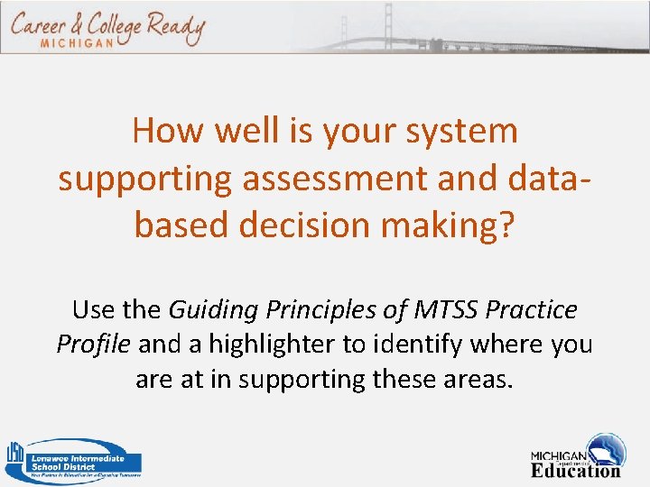 How well is your system supporting assessment and databased decision making? Use the Guiding