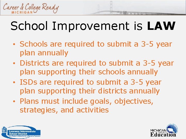 School Improvement is LAW • Schools are required to submit a 3 -5 year