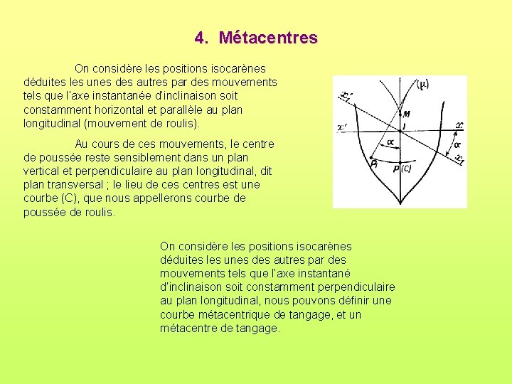 4. Métacentres On considère les positions isocarènes déduites les unes des autres par des 4. Métacentres On considère les positions isocarènes déduites les unes des autres par des