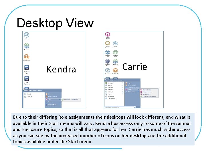 Desktop View Kendra Carrie Due to their differing Role assignments their desktops will look