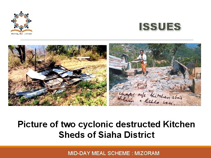 ISSUES Picture of two cyclonic destructed Kitchen Sheds of Siaha District MID-DAY MEAL SCHEME