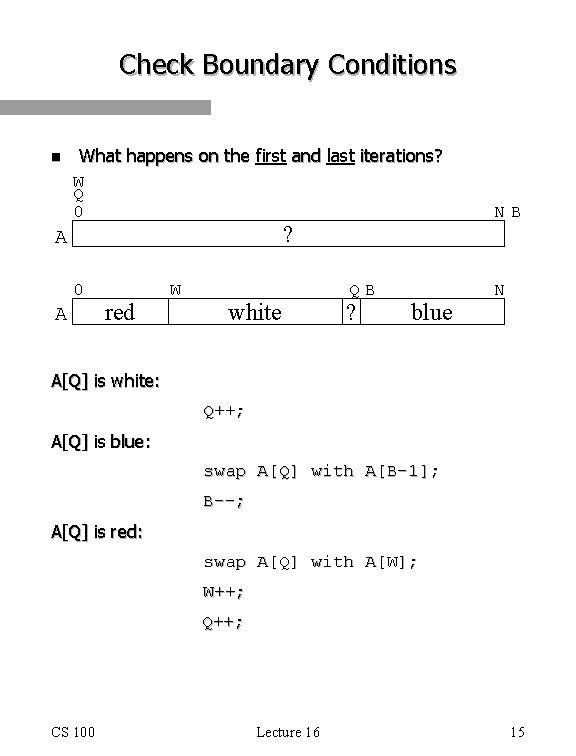 Check Boundary Conditions n What happens on the first and last iterations? W Q
