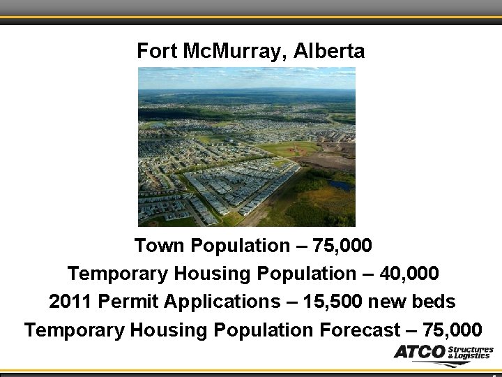 Fort Mc. Murray, Alberta Town Population – 75, 000 Temporary Housing Population – 40,