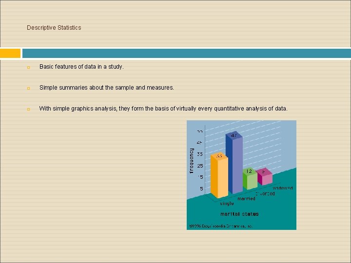 Descriptive Statistics Basic features of data in a study. Simple summaries about the sample Descriptive Statistics Basic features of data in a study. Simple summaries about the sample