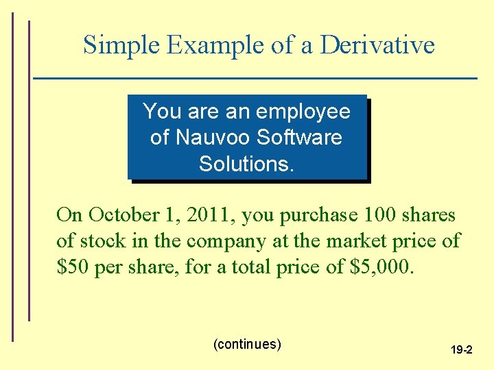Simple Example of a Derivative You are an employee of Nauvoo Software Solutions. On