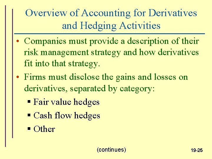 Overview of Accounting for Derivatives and Hedging Activities • Companies must provide a description
