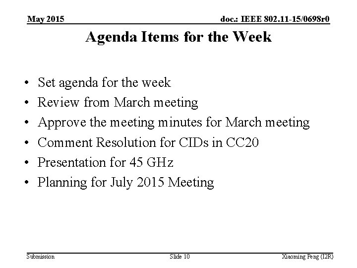 May 2015 doc. : IEEE 802. 11 -15/0698 r 0 Agenda Items for the