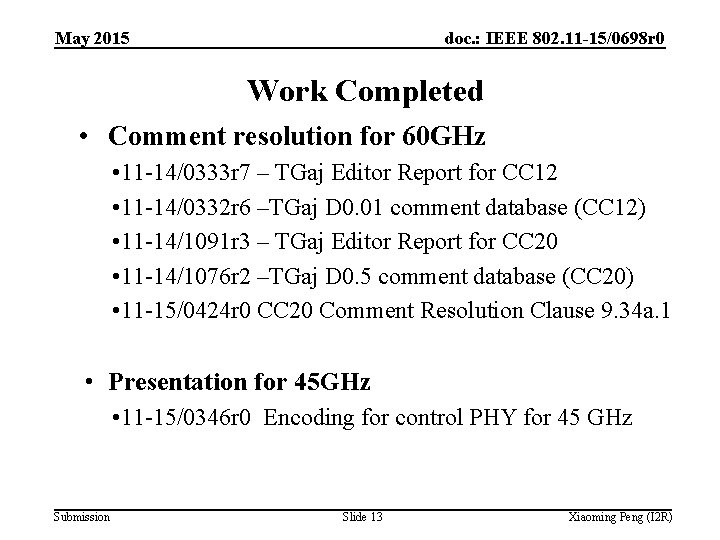 May 2015 doc. : IEEE 802. 11 -15/0698 r 0 Work Completed • Comment