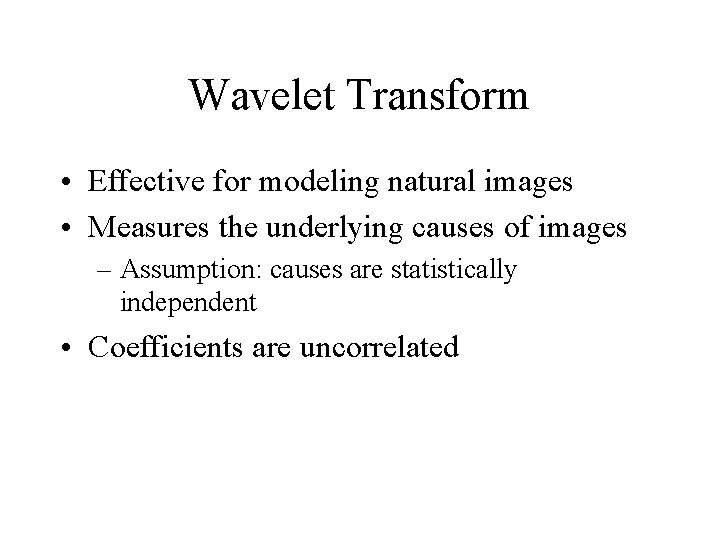 Wavelet Transform • Effective for modeling natural images • Measures the underlying causes of