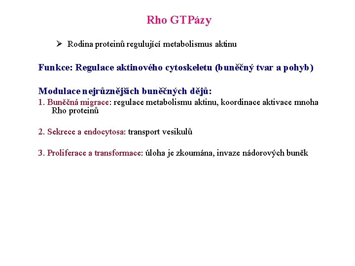 Rho GTPázy Ø Rodina proteinů regulující metabolismus aktinu Funkce: Regulace aktinového cytoskeletu (buněčný tvar