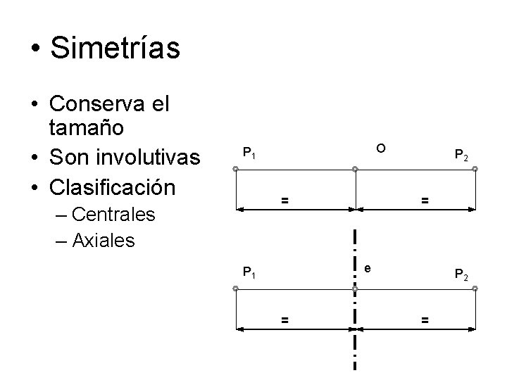  • Simetrías • Conserva el tamaño • Son involutivas • Clasificación O P