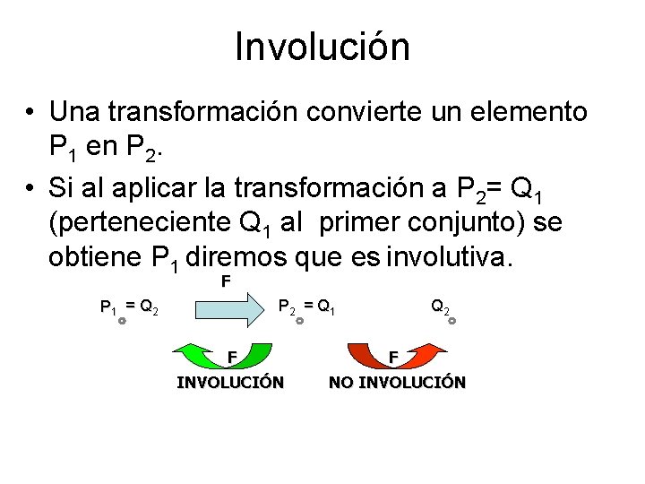 Involución • Una transformación convierte un elemento P 1 en P 2. • Si