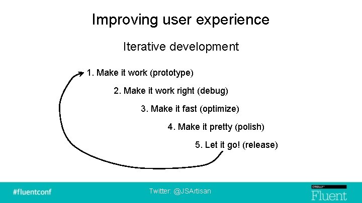 Improving user experience Iterative development 1. Make it work (prototype) 2. Make it work