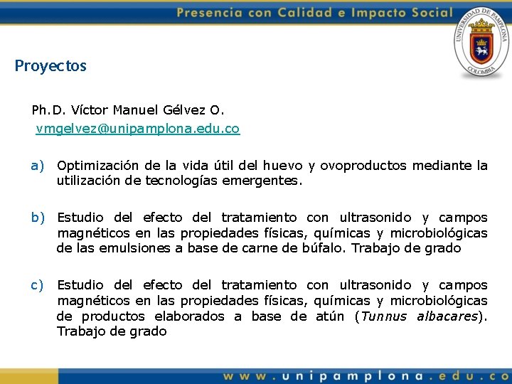 Proyectos Ph. D. Víctor Manuel Gélvez O. vmgelvez@unipamplona. edu. co a) Optimización de la