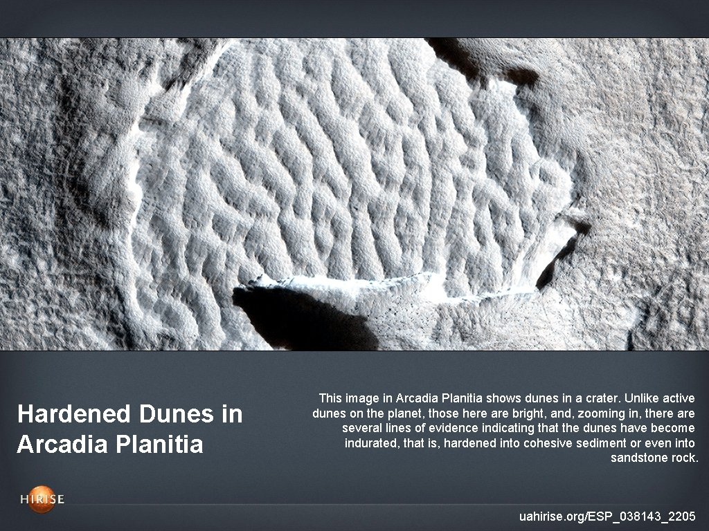 Hardened Dunes in Arcadia Planitia This image in Arcadia Planitia shows dunes in a