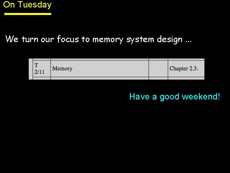 On Tuesday We turn our focus to memory system design. . . Have a