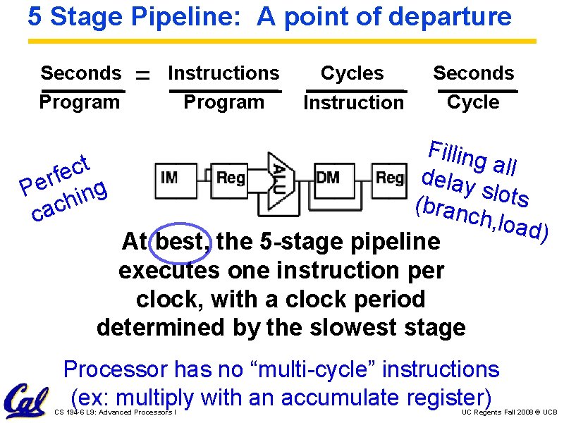 5 Stage Pipeline: A point of departure Seconds Program = Instructions Program Cycles Instruction