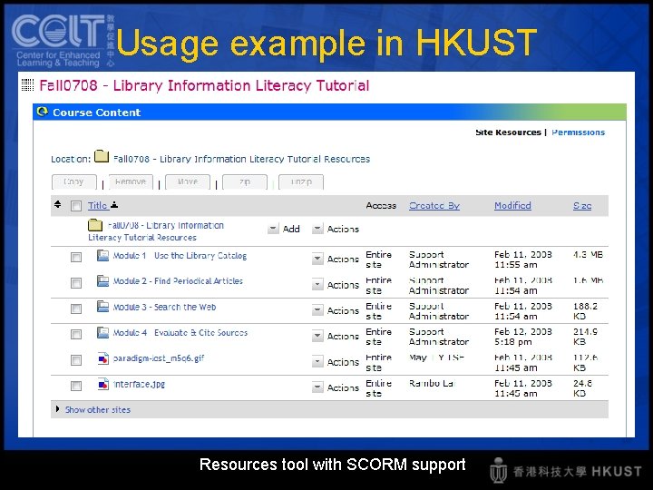 Usage example in HKUST Resources tool with SCORM support 