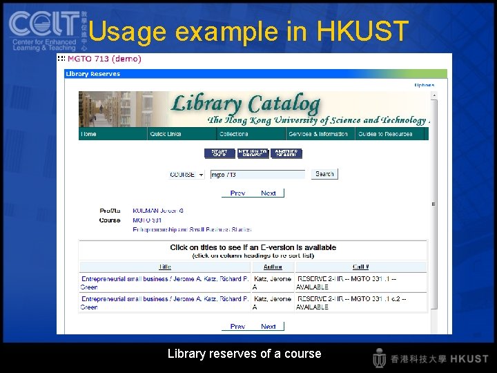 Usage example in HKUST Library reserves of a course 