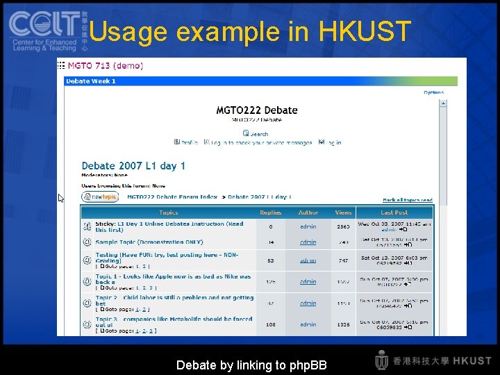 Usage example in HKUST Debate by linking to php. BB 