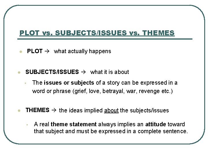 PLOT vs. SUBJECTS/ISSUES vs. THEMES PLOT what actually happens l l SUBJECTS/ISSUES what it