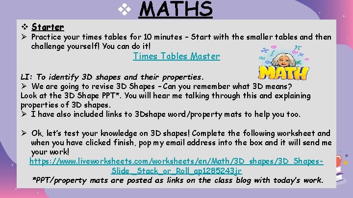 v Starter v MATHS Ø Practice your times tables for 10 minutes – Start
