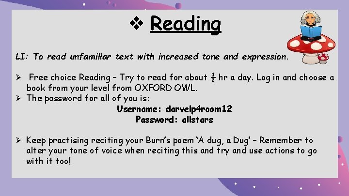 v Reading LI: To read unfamiliar text with increased tone and expression. Ø Free