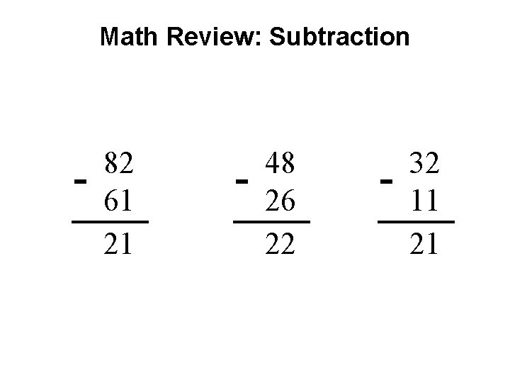 Math Review: Subtraction - 82 61 21 - 48 26 22 - 32 11