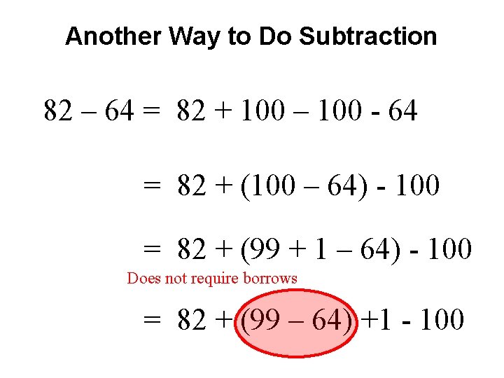 Another Way to Do Subtraction 82 – 64 = 82 + 100 – 100