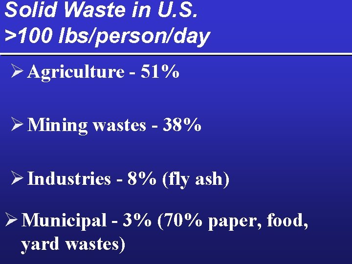 Solid Waste in U. S. >100 lbs/person/day Ø Agriculture - 51% Ø Mining wastes