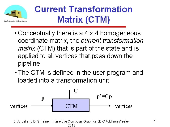 Current Transformation Matrix (CTM) • Conceptually there is a 4 x 4 homogeneous coordinate