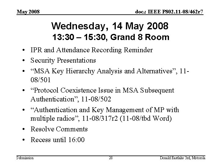 May 2008 doc. : IEEE P 802. 11 -08/462 r 7 Wednesday, 14 May